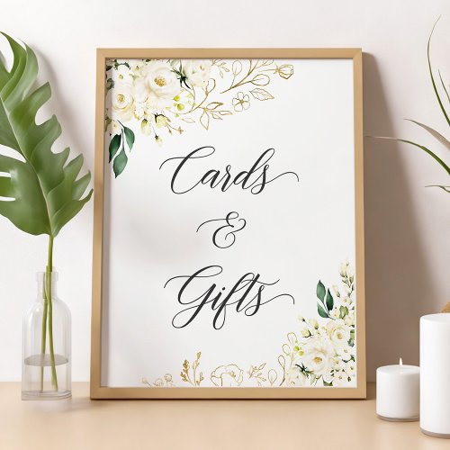White Peony Gold Floral Cards and Gifts Sign