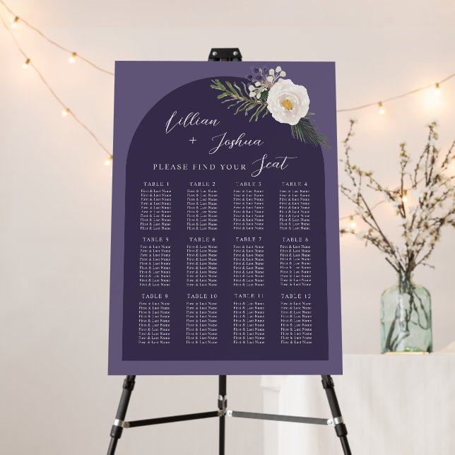 White Peony & Greenery Purple Seating Chart Foam Board (In Situ (Stand))