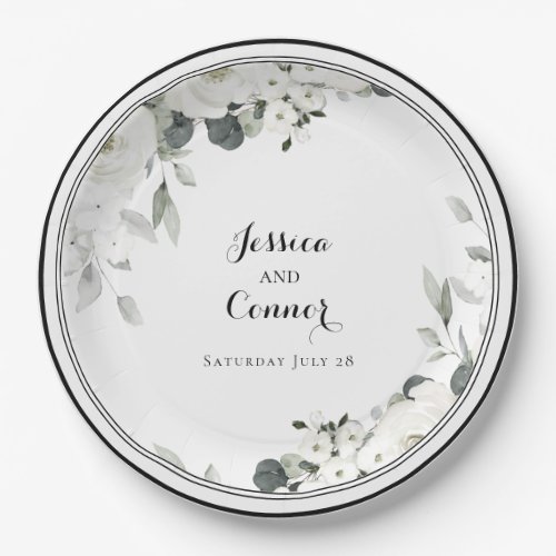 White Peony Greenery Wedding 9 Inch Dinner Paper Plates