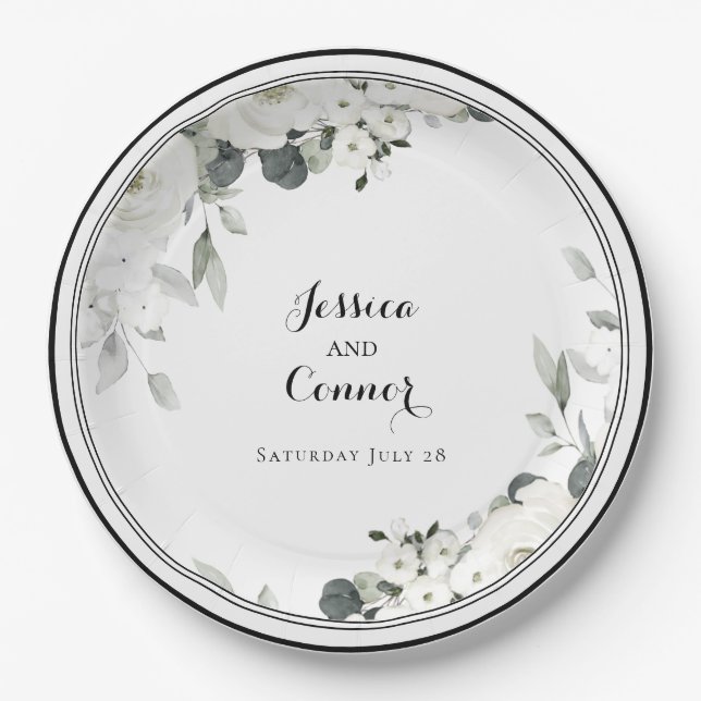 White Peony Greenery Wedding 9 Inch Dinner Paper Plates (Front)