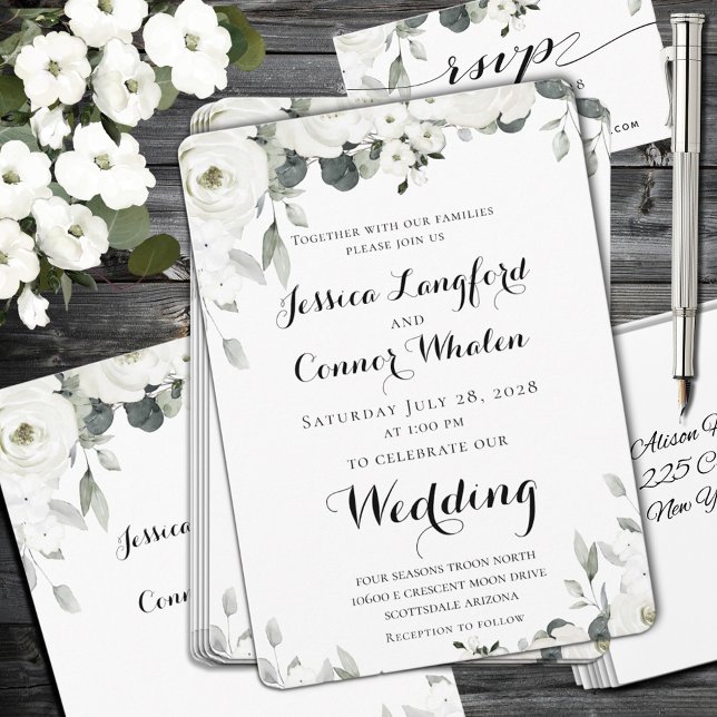 White Peony Greenery Wedding Invitation (Creator Uploaded)