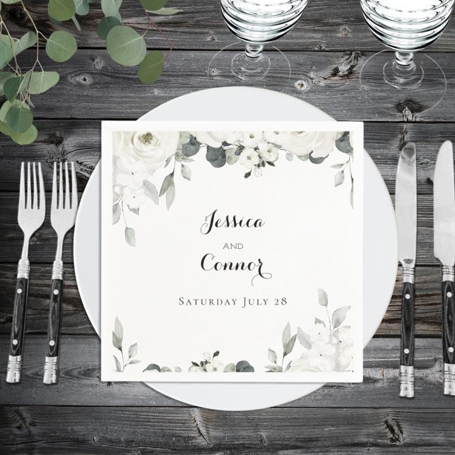 White Peony Greenery Wedding Square Cocktail Napkins (Creator Uploaded)