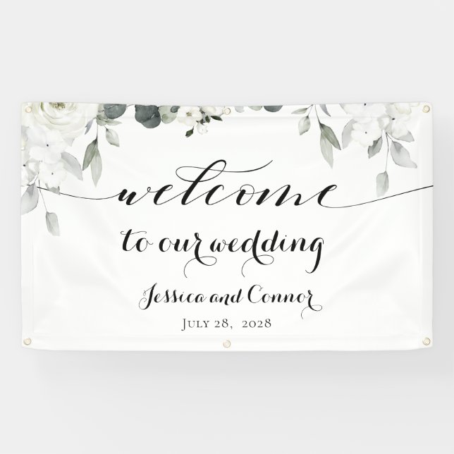 White Peony Greenery Welcome To Our Wedding Banner (Horizontal)