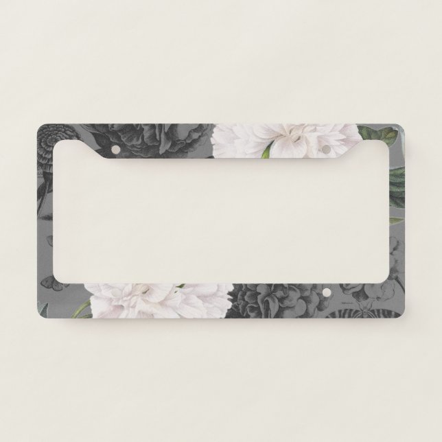 White Peony Grey Romantic License Plate Frame (Front)