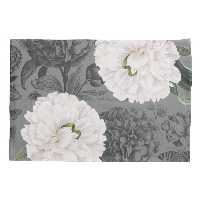 White Peony Grey Romantic Pillowcase (Back)