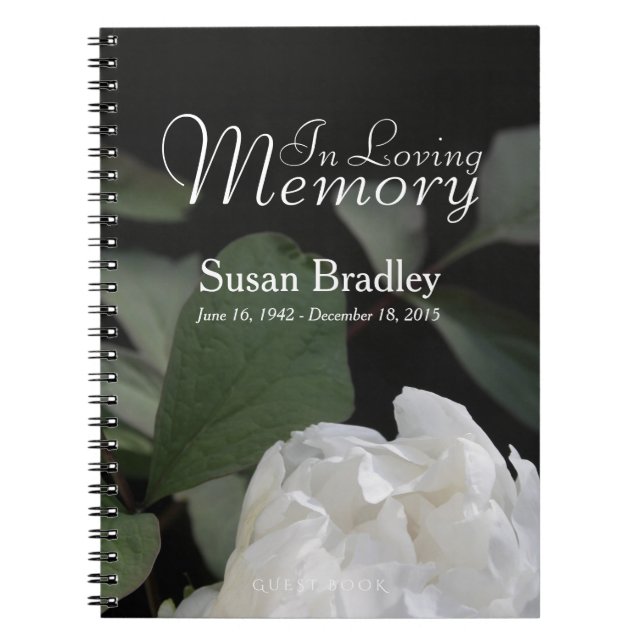 White Peony In Loving Memory Memorial GuestBook Notebook (Front)
