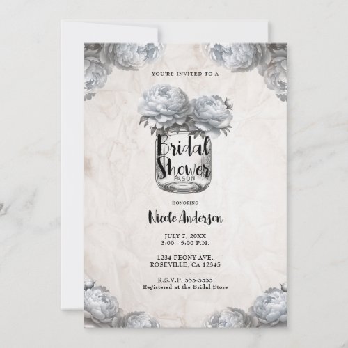 White Peony Mason Jar Rustic Bridal Shower  Invitation