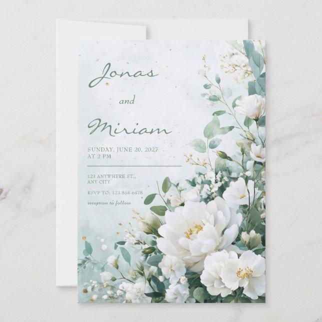 White Peony Mint Green Gold Watercolor Wedding Invitation (Front)