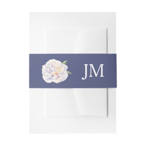 White Peony Monogram Floral Blue Wedding Invitation Belly Band