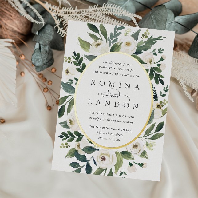 White Peony | Oval Frame Floral Wedding Foil Invitation (Creator Uploaded)