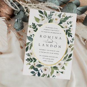 White Peony   Oval Frame Floral Wedding Foil Invitation