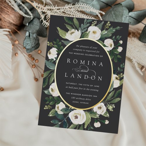 White Peony  Oval Frame Floral Wedding Foil Invitation