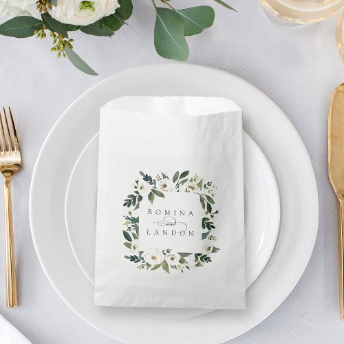 White Peony  Personalized Floral Frame Wedding Favor Bag