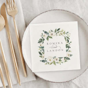 White Peony Personalized Floral Frame Wedding Napkins