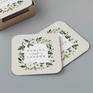 White Peony   Personalized Floral Frame Wedding Square Paper Coaster