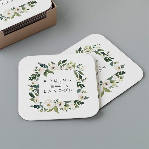 White Peony  Personalized Floral Frame Wedding Square Paper Coaster