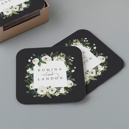 White Peony  Personalized Floral Frame Wedding Square Paper Coaster