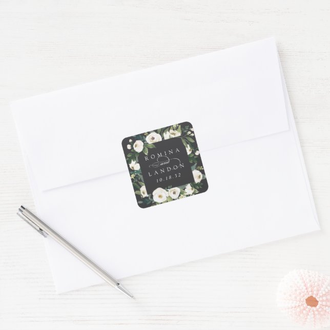 White Peony | Personalized Floral Frame Wedding Square Sticker (Envelope)