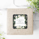 White Peony | Personalized Floral Frame Wedding Square Sticker<br><div class="desc">Our White Peony watercolor floral wedding collection features delicately painted watercolor greenery,  green botanical foliage and white and ivory peony flowers. Personalize these square stickers with your names,  joined by a decorative script accent. Perfect for sealing wedding invitation envelopes or favor bags/boxes.</div>