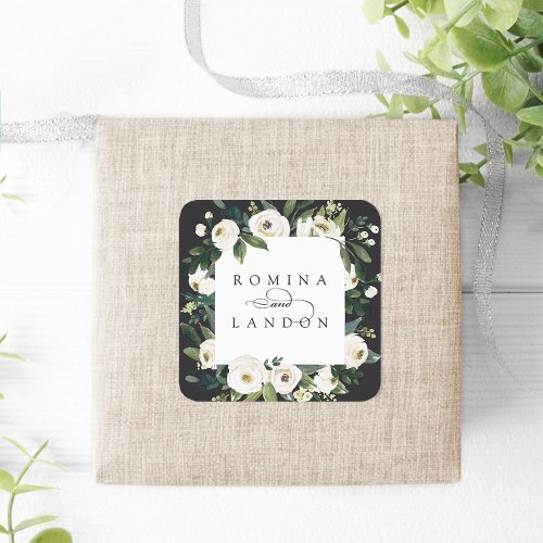 White Peony  Personalized Floral Frame Wedding Square Sticker