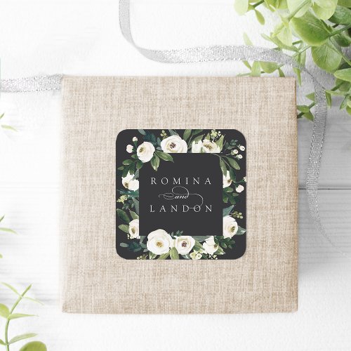 White Peony  Personalized Floral Frame Wedding Square Sticker