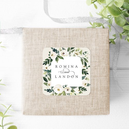 White Peony  Personalized Floral Frame Wedding Square Sticker