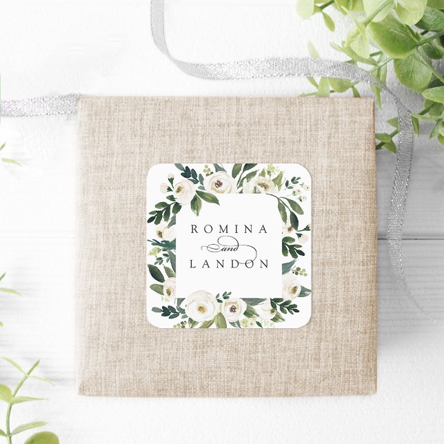 White Peony | Personalized Floral Frame Wedding Square Sticker (Creator Uploaded)