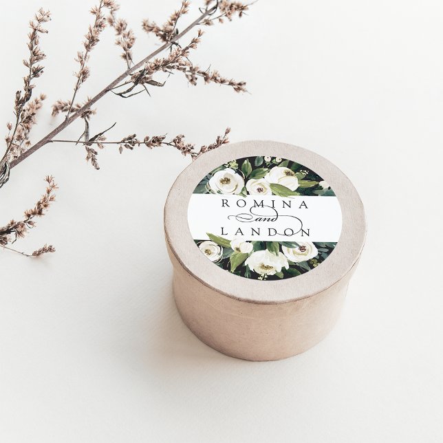 White Peony | Personalized Floral Wedding Classic Round Sticker (Creator Uploaded)