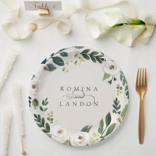 White Peony  Personalized Floral Wreath Wedding Paper Plates