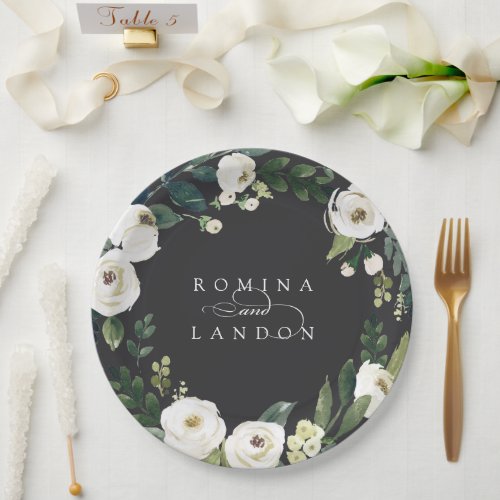 White Peony  Personalized Floral Wreath Wedding Paper Plates