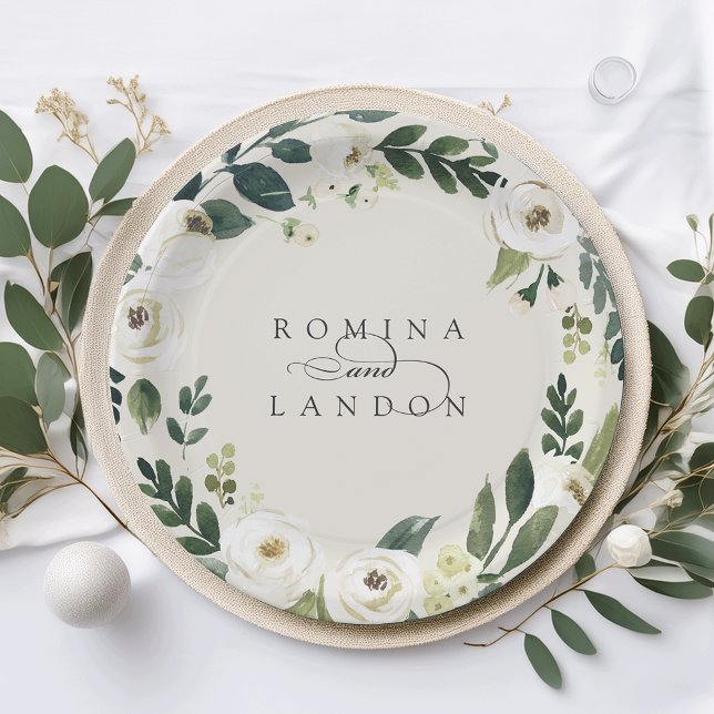 White Peony | Personalized Floral Wreath Wedding Paper Plates (Creator Uploaded)