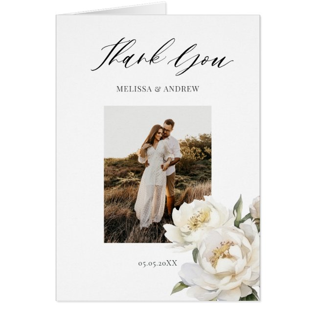 White Peony Photo Wedding Thank you Card (Front)