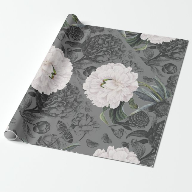 White Peony Romantic Grey Wrapping Paper (Unrolled)