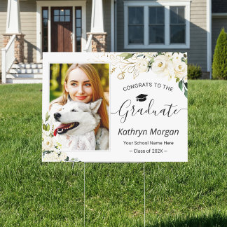 White Peony Rose Floral Graduation Party Photo Sign