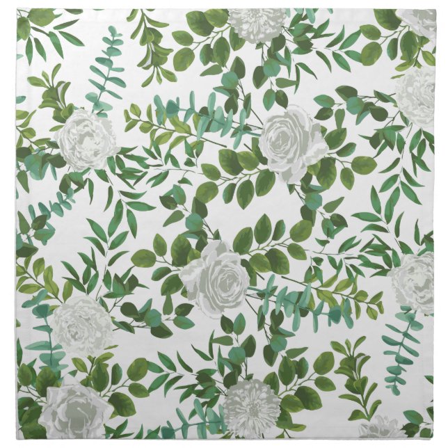 White Peony & Rose Floral Wedding Cloth Napkin (Front)