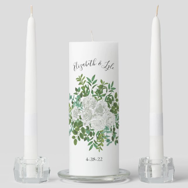 White Peony & Rose Floral Wedding Unity Candle Set (Front)