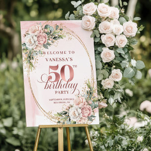 White Peony Rose Gold 50th Birthday Welcome Poster
