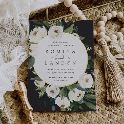 White Peony  Round Floral Frame Wedding Foil Invitation