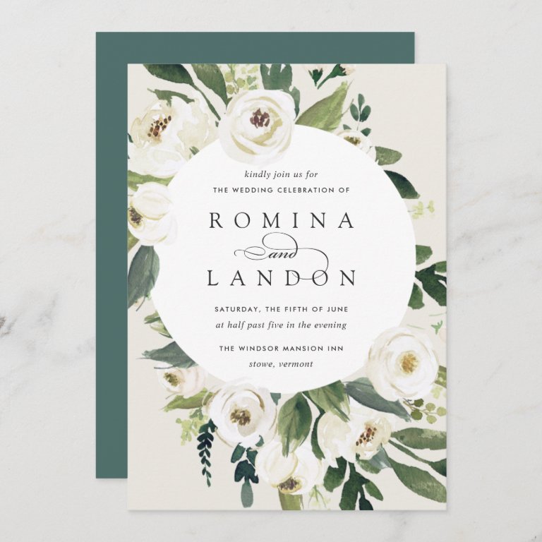 White Peony | Round Floral Frame Wedding Invitation