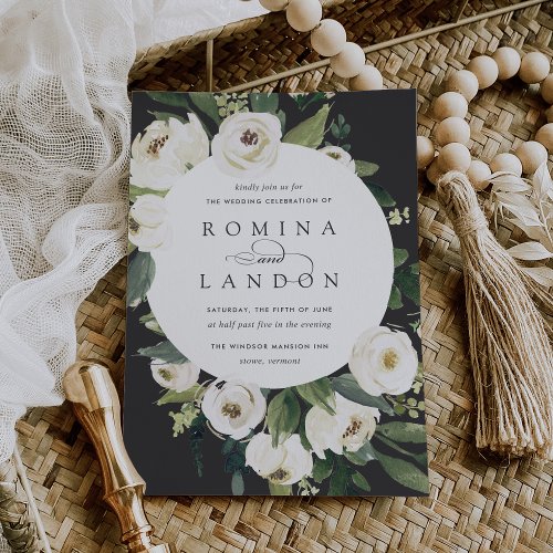 White Peony  Round Floral Frame Wedding Invitation