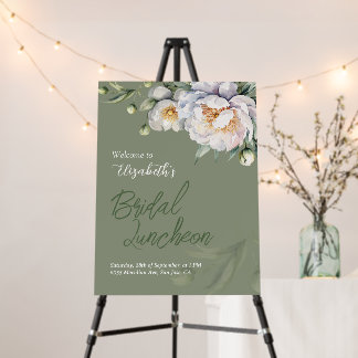 White Peony Sage Green Bridal Luncheon Welcome Foam Board