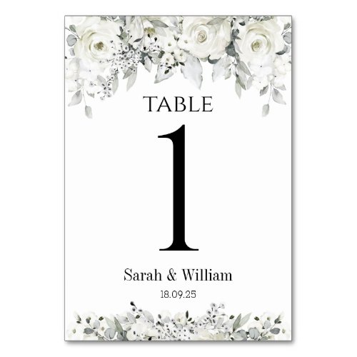 White Peony Silver Eucalyptus Greenery Wedding Table Number