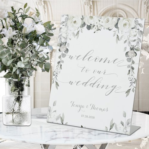 White Peony Silver Eucalyptus Welcome Wedding Pedestal Sign
