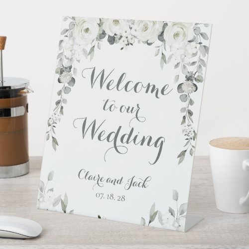 White Peony Silver Greenery 2 Welcome To Wedding Pedestal Sign