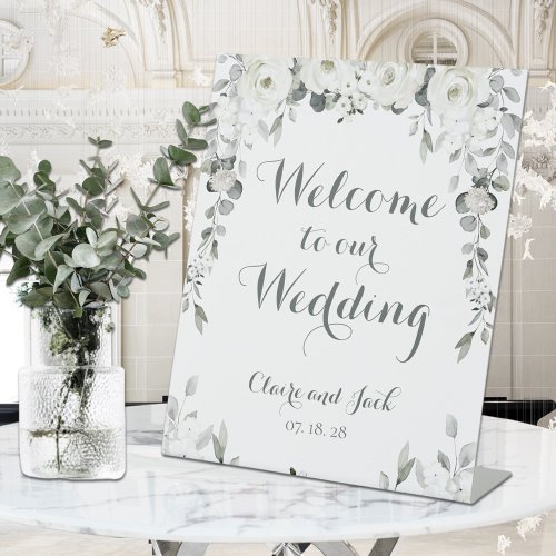 White Peony Silver Greenery 2 Welcome To Wedding Pedestal Sign