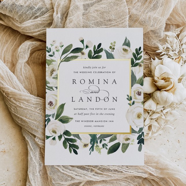 White Peony | Square Floral Frame Wedding Foil Invitation (Creator Uploaded)