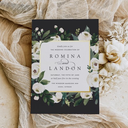 White Peony  Square Floral Frame Wedding Foil Invitation