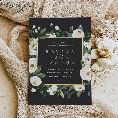 White Peony  Square Floral Frame Wedding Foil Invitation