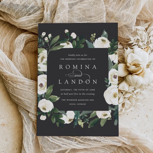 White Peony  Square Floral Frame Wedding Invitation