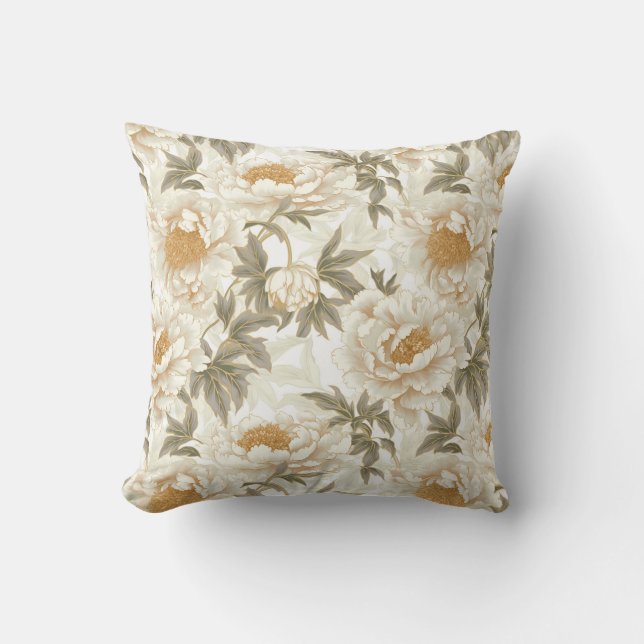 White Peony Throw Pillow (Front)